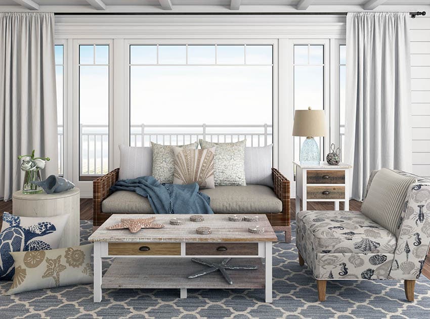 Beach style living room with coastal style pillows and decor