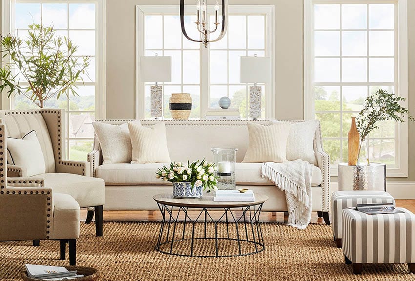 Coastal style living room with jute area rug