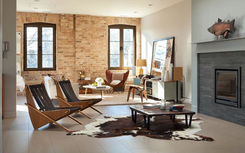 Contemporary couchless living room with fireplace