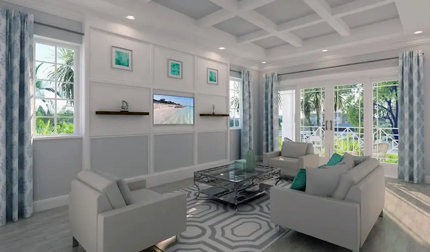 Contemporary living room with box ceiling and white furniture