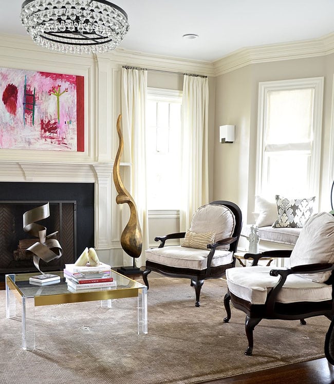 Glam couchless living room with armchairs