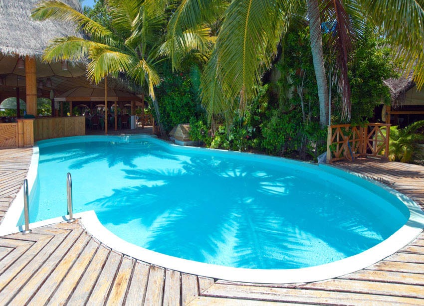 Kidney shaped swimming pool with deck