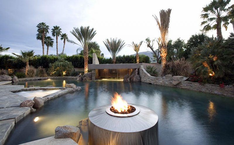 lagoon pool with modern fire bowl 800x495