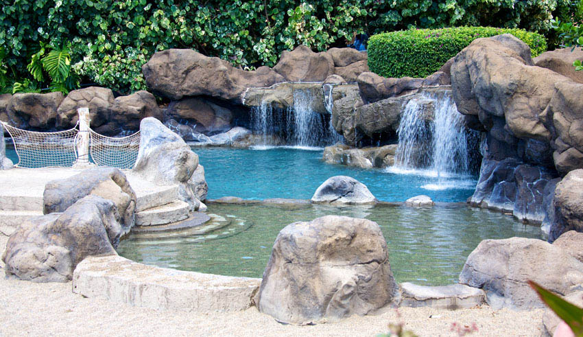 Lagoon designed pool with multiple waterfalls