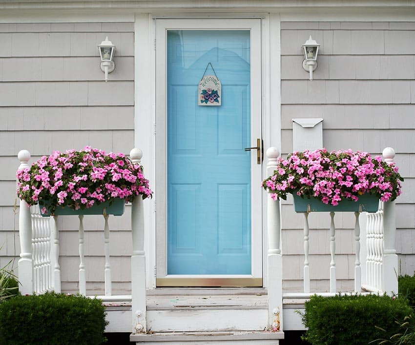 Door in blue painted color and two flower boxes