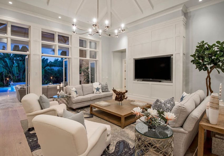 Beautifully decorated living room with built-in cabinet with TV