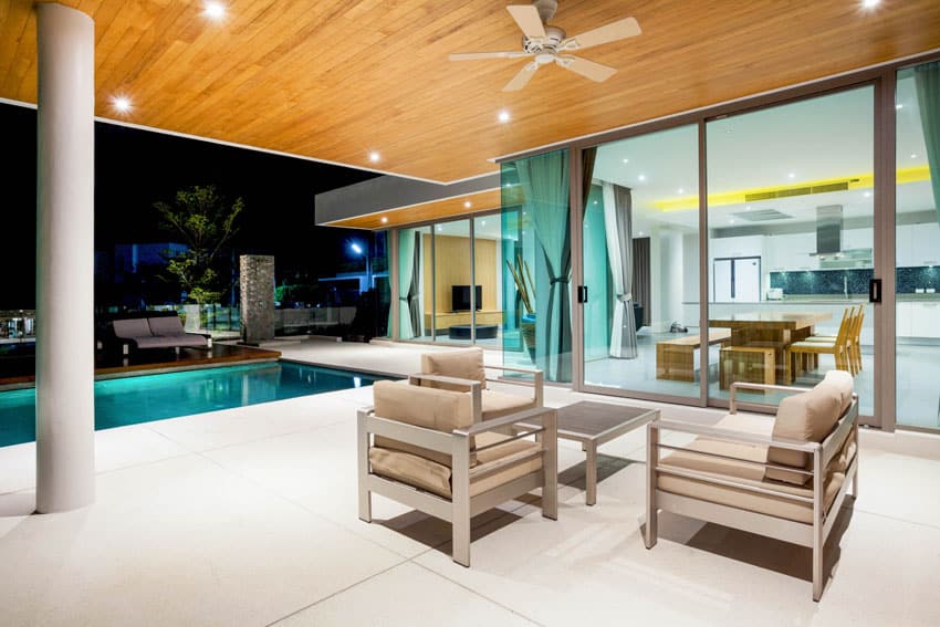 Modern covered pool patio and outdoor furniture