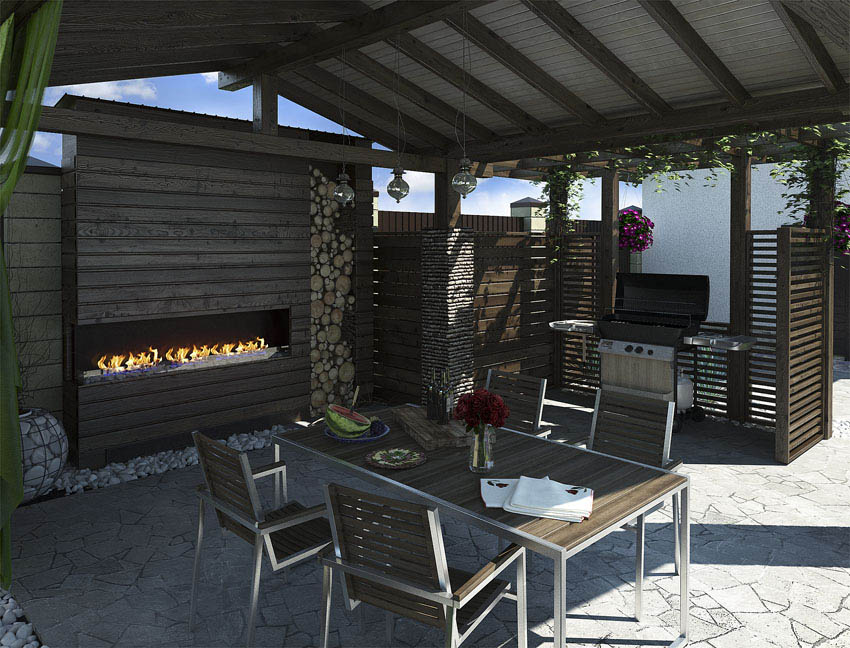 Modern pavilion with outdoor kitchen and fireplace