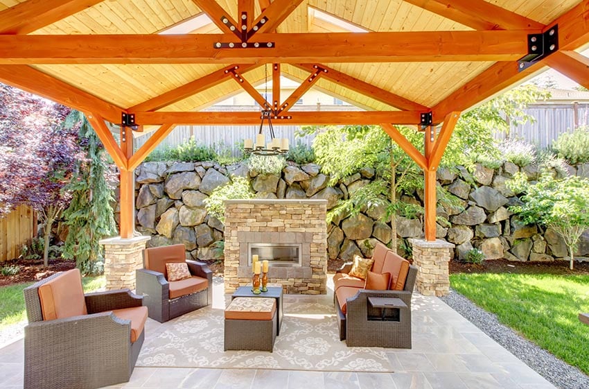 Patio pavilion with vaulted ceiling and fireplace
