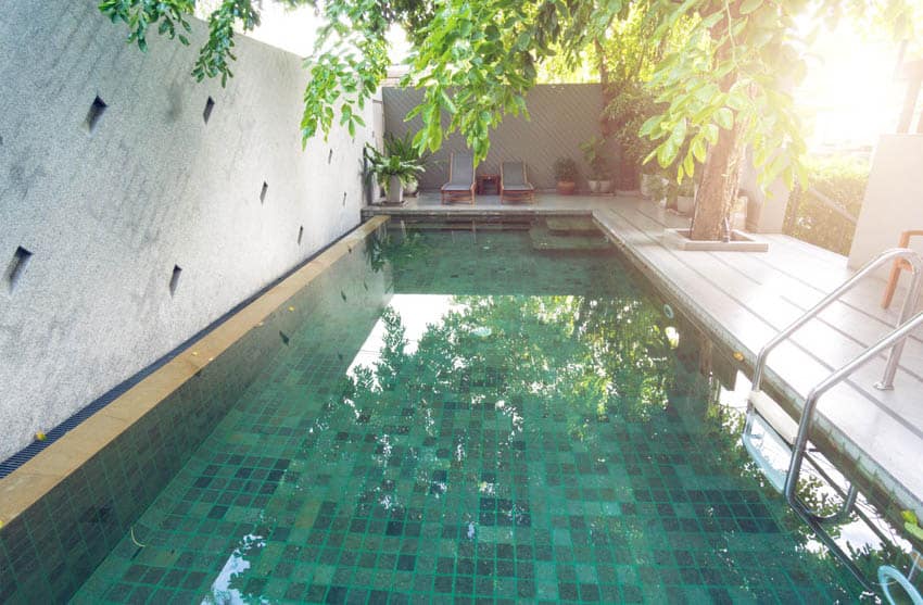 Private villa pool with green bottom in small backyard