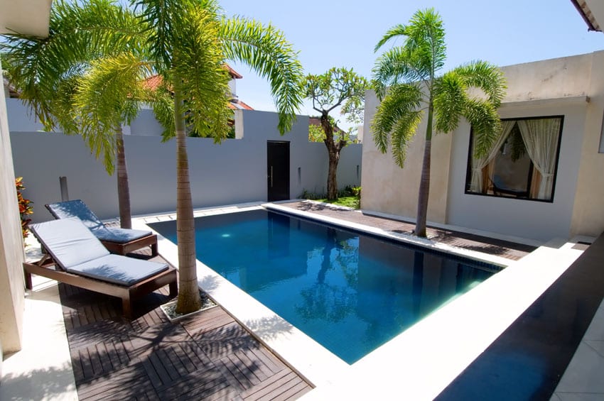 Minimalist designed pool with wood pavers and palm trees