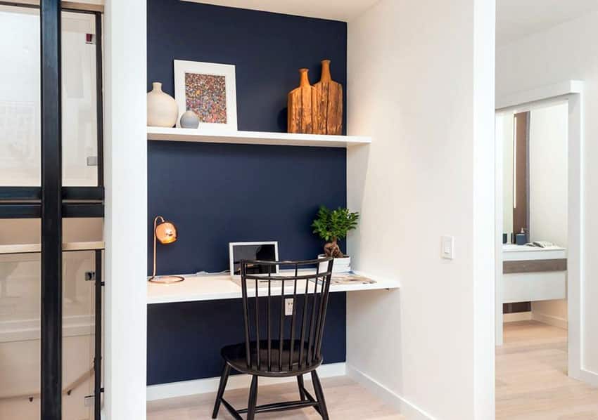 Small home office nook with navy blue wall