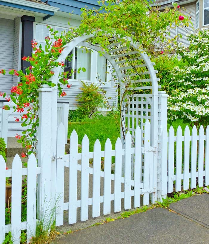 Beautiful white wood archway arbor with cross vines