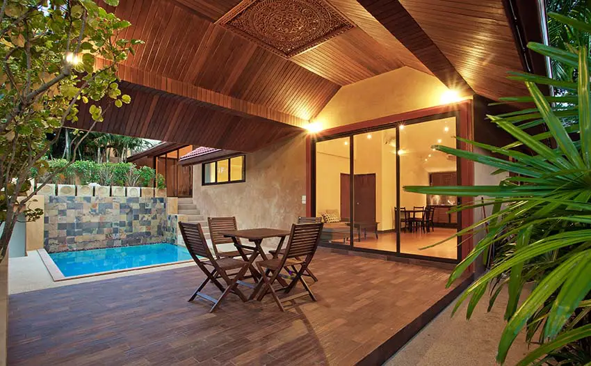 Gabled veranda with wood pool deck