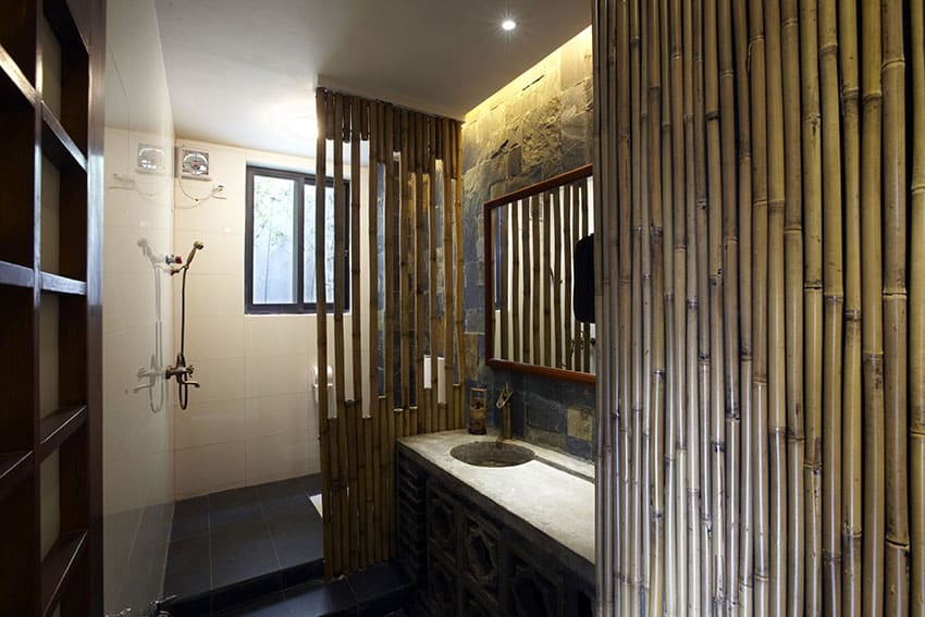 Japanese bathroom with bamboo wall decor