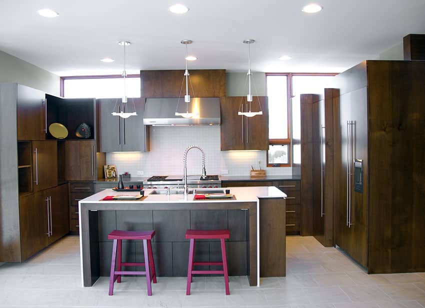 Japanese style kitchen with island and dark wood cabinets