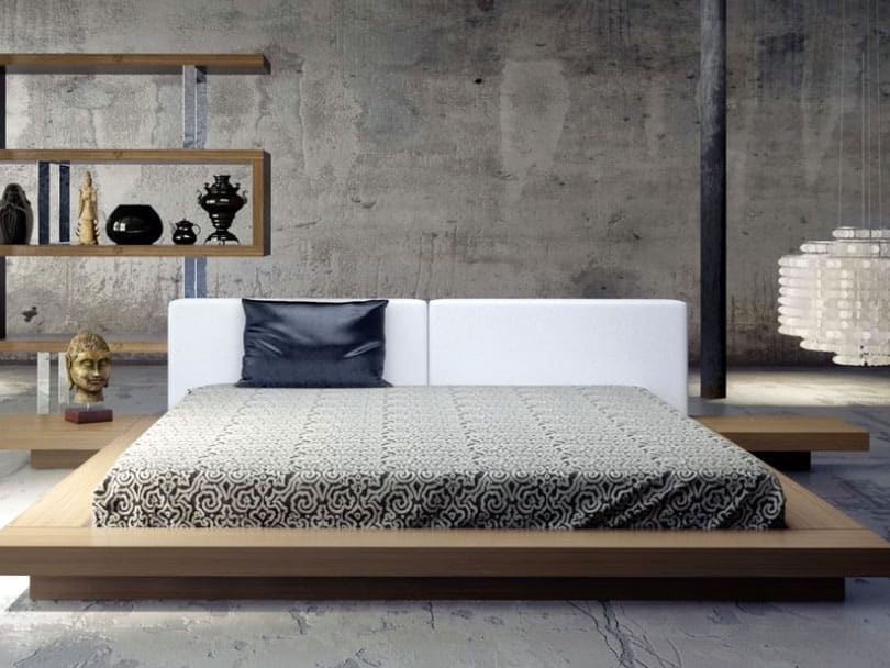 Japanese platform bed with upholstered headboard