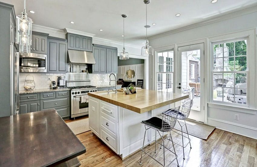 Laminated Wooden Kitchen Island With Cream Marble Countertop kitchen with contrasting island with white cabinet and butcher block counter and gray main cabinets with