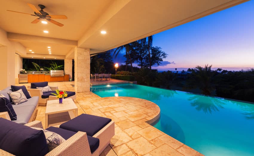 Luxury covered pool patio with outdoor kitchen and views