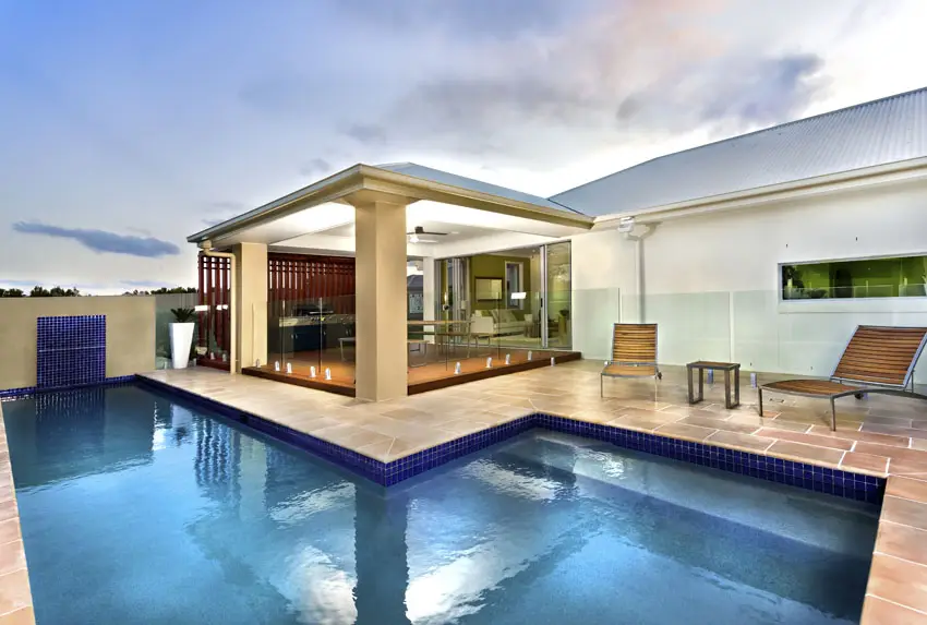 Modern linear swimming pool with canopy