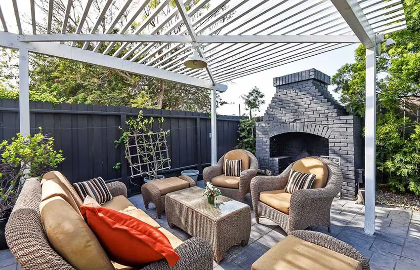 Modern pergola with patio outdoor fireplace and furniture