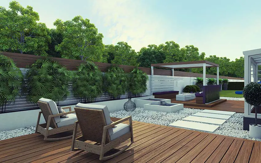 Modern wood deck with gravel border and canopy with fire pit