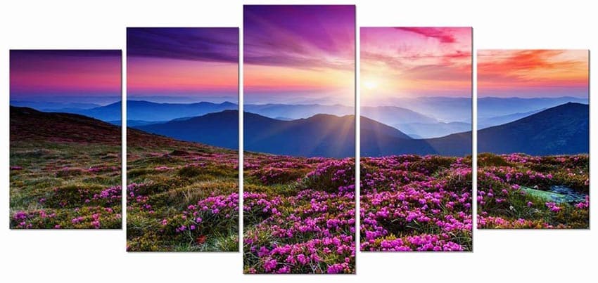 Mountain sunset with flowers print