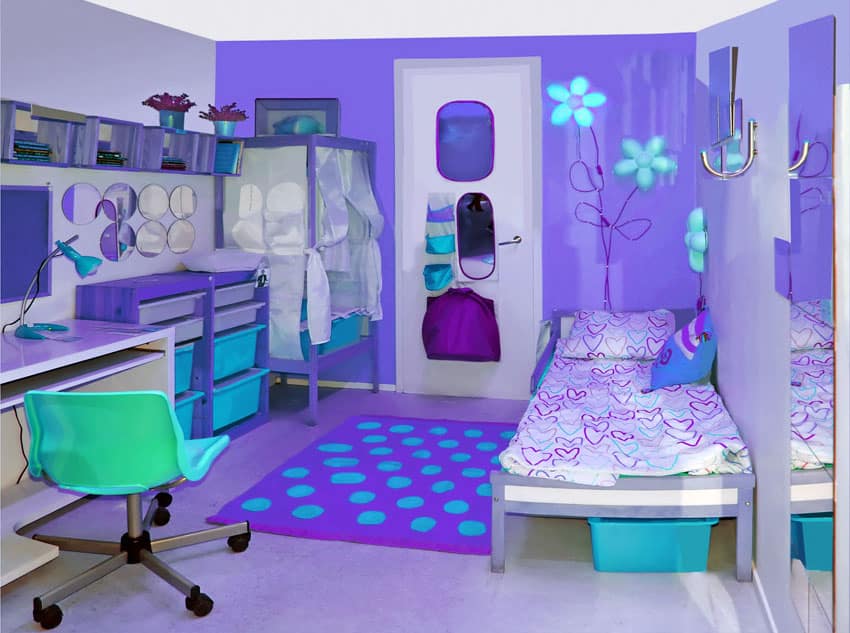 Neon girls room with wall art and purple color decor