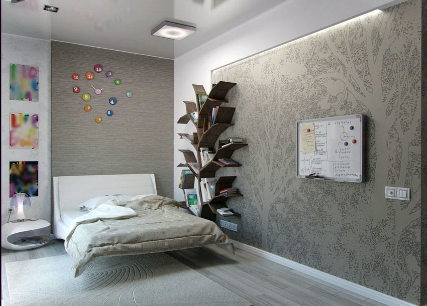 Teen bedroom interior design with custom bookshelf