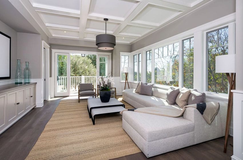 Transitional living room with wainscoting, wood flooring, box ceiling and contemporary furniture