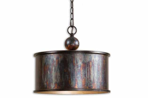Antiqued metal drum pendant with bronze finish