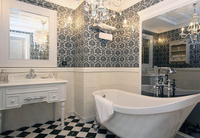 Bathroom with black and white marble floor tile