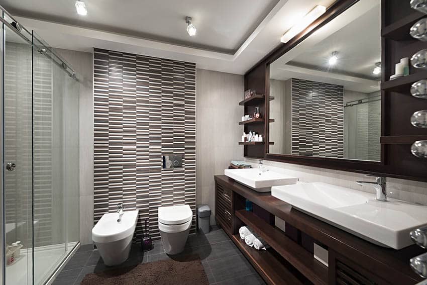 Bathroom with dark porcelain floor tile