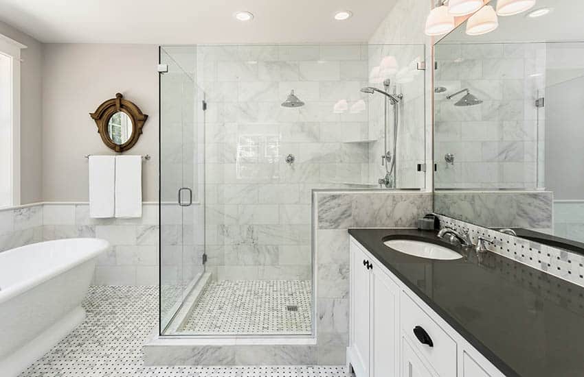 Bathroom with small marble floor tiles