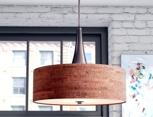 Brushed steel drum pendant light with cork shade
