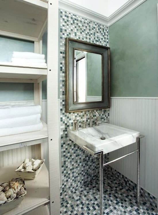 Small bathroom with glass tile mosaic floor