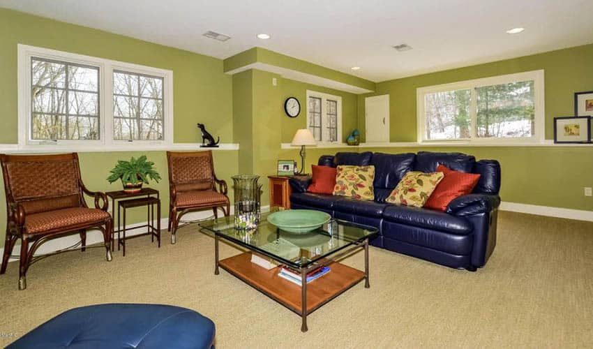 Light green basement with light beige carpet and casement windows