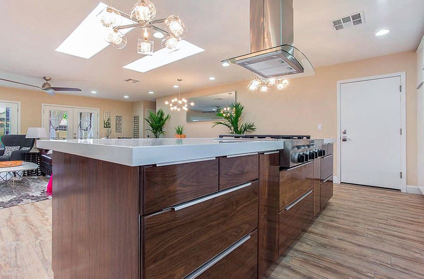 Contemporary kitchen with walnut wood cabinet island