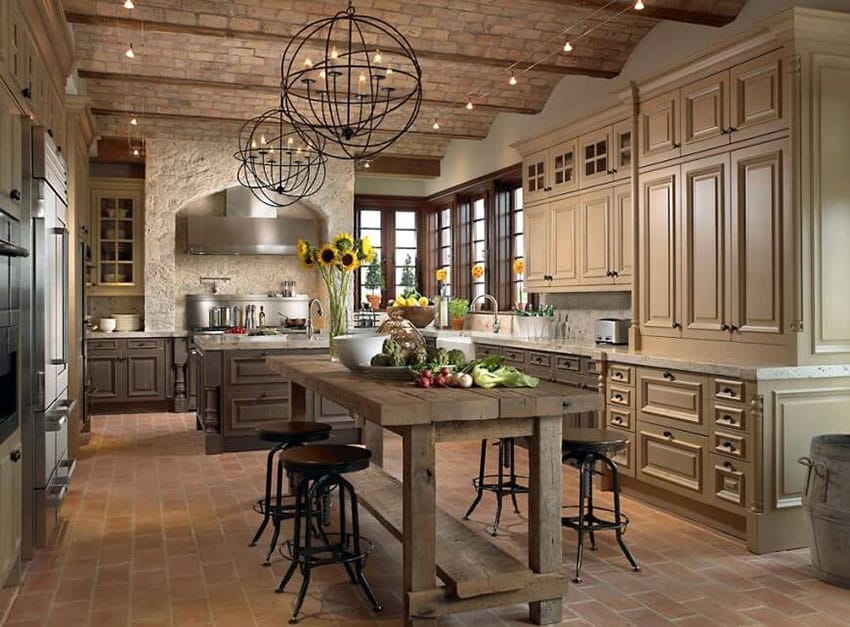 French country kitchen with raised panel cabinets, globe pendant lights and raw wood table