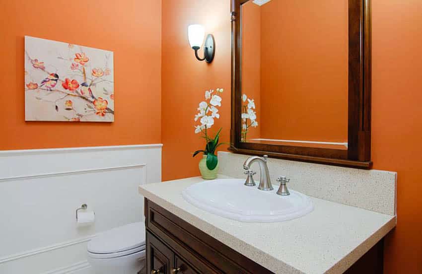 Orange bathroom with white wainscoting