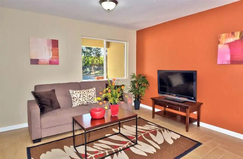 Living room with orange accent wall and griege color wall