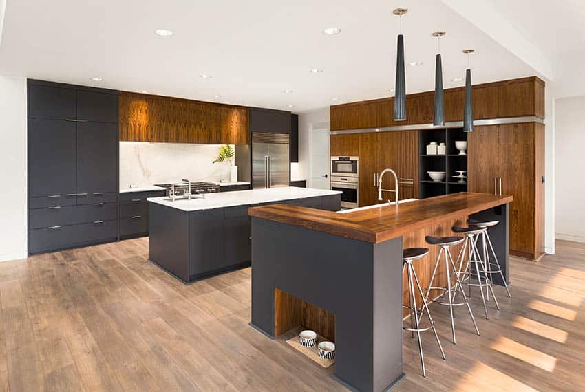 Modern kitchen with gray cabinets wood cabinets and two islands