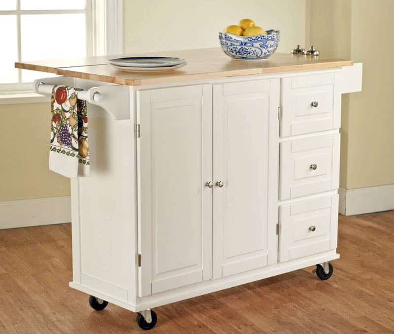 Portable white kitchen island with wood countertop