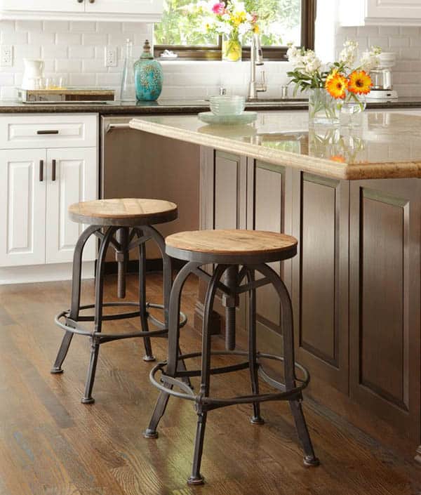Rustic wood barstools with adjustable height seats
