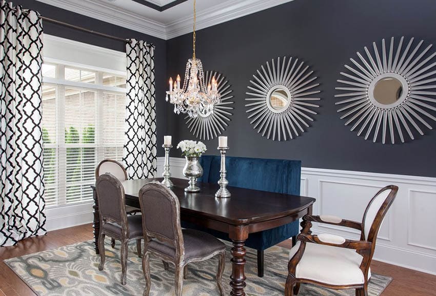 Black paint color dining room with white wainscoting