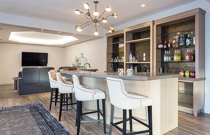 Contemporary home bar living room with hardwood flooring
