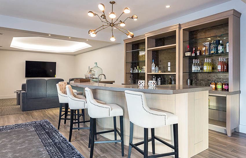 Contemporary bar basement room with hardwood flooring