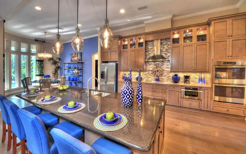 contemporary-kitchen-with-earth-tone-cabinets-and-blue-accent-decor