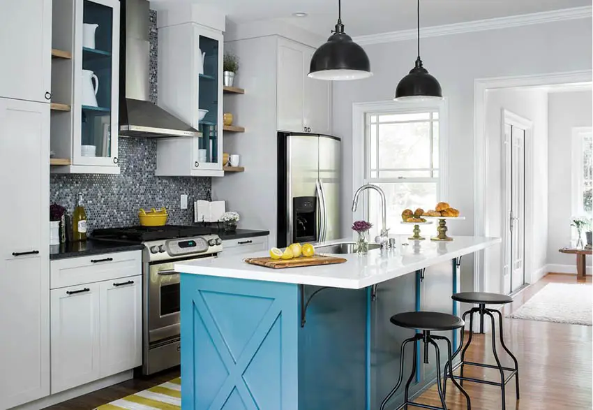white-kitchen-with-bright-blue-island-and-black-bar-stools