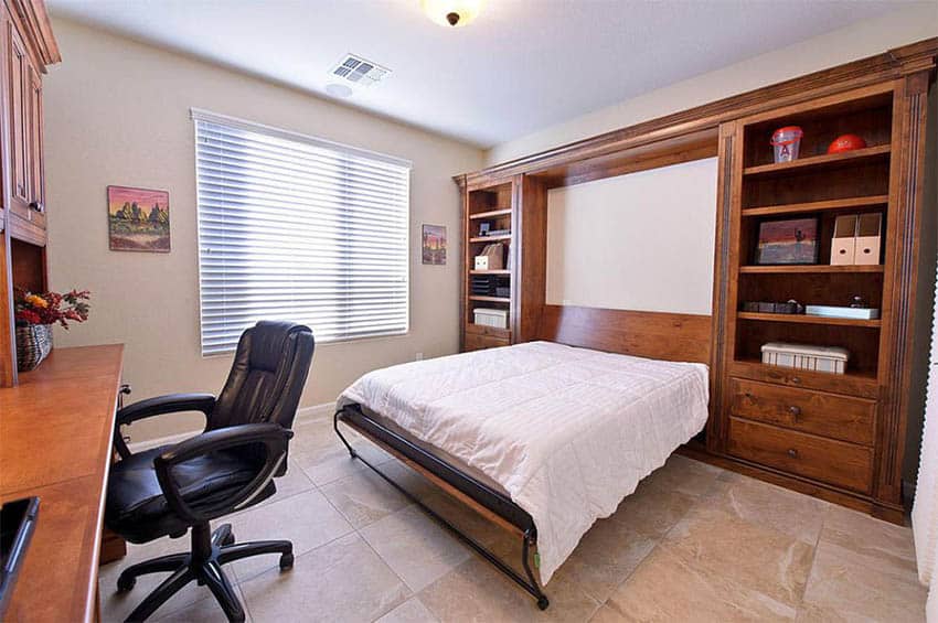 Bedroom with space saving murphy bed and office desk